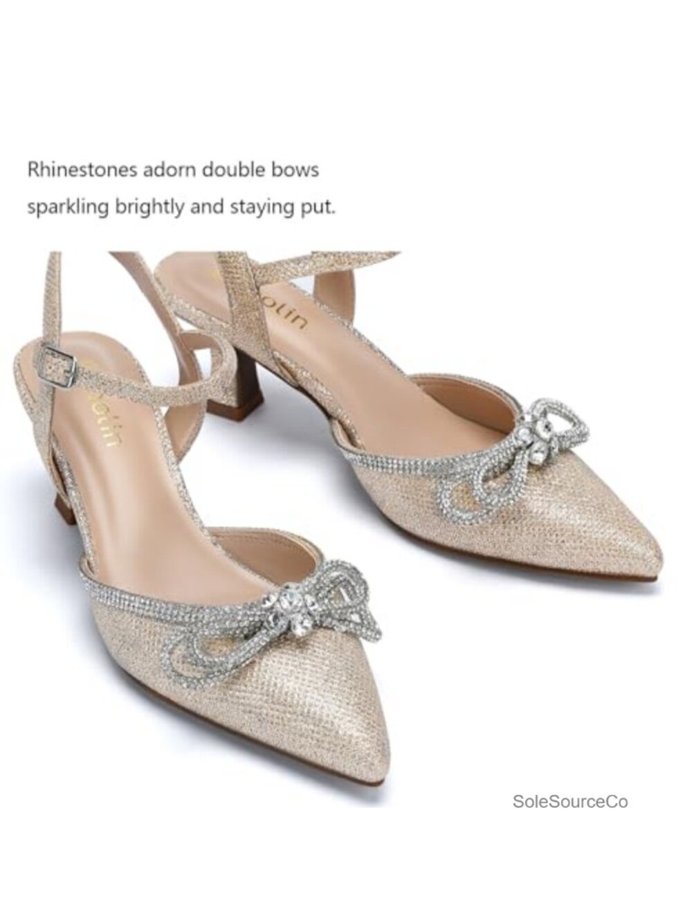 Women's Rhinestone Bow Pointed Toe Pumps Kitten Heels Wide Width Glitter Dress - Picture 3 of 6